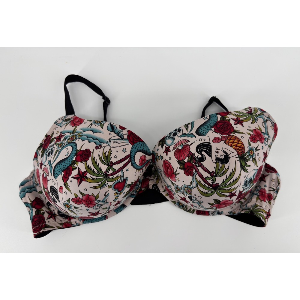 Torrid Curve Tattoo Flash Print Push Up Bra 46D Mermaid Skull Rose Underwire